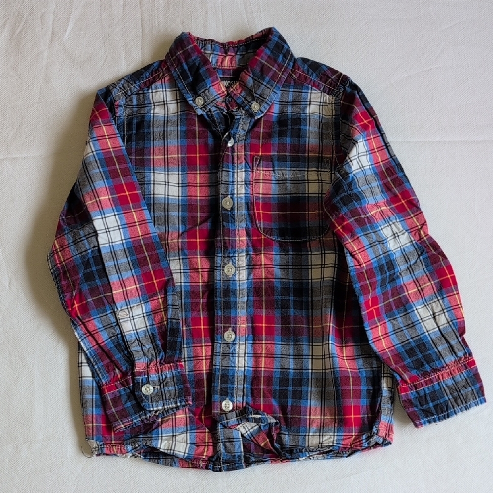 oshkosh b'gosh red & blue plaid cotton button down collared shirt size 5 boys